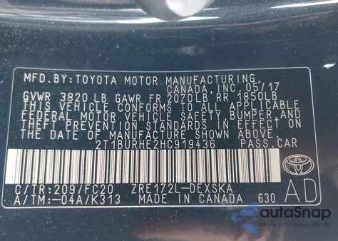 2017 Toyota Corolla Se из США, поврежденный, VIN 2T1BURHE2HC919436